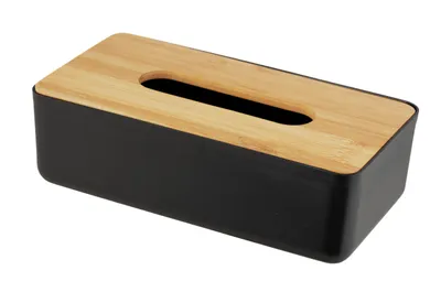 A black tissue box with a wooden lid.