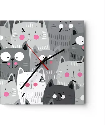 Produktbild von Wanduhr - Quadrat - Glasuhr - Kittys Tiere Illustration - 30x30cm - Schleichendes Uhrwerk - Lautlos - zum Aufhängen bereit - Dekoration Modern - Wanddekoration aus Glas - C3AC30x30-2890