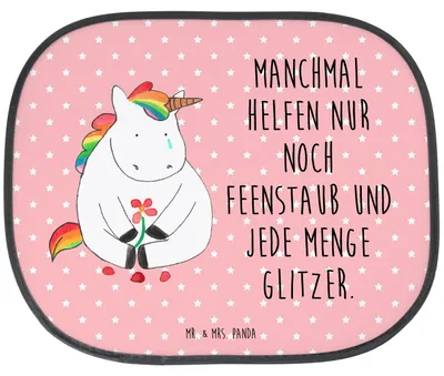 Produktbild von Mr. & Mrs. Panda Sonnenschutz Auto Einhorn Traurig - Rot Pastell - Geschenk, Liebe, Unicorn, Sonnenblende, Blume, Trauer, Grußkarte, hitzeschutz, Pkw, Freunde