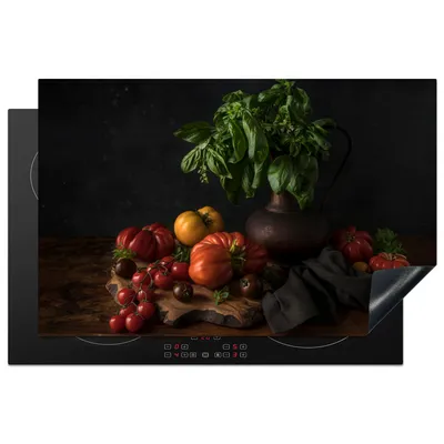 Produktbild von KitchenYeah© Herdabdeckplatte Stilleben - Tomaten - Basilikum - Gemälde - Gemüse - Schwarz , 80x52cm, Küche Deko, Glaskeramikkochfeld Herdabdeckung, Abdeckplatte fùr Kochfeld