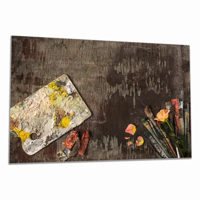 Produktbild von Wallario Herdabdeckplatte aus Glas, Größe 80 x 52 cm 1-teilig, Motiv Pinsel und Farbe auf altem Holz