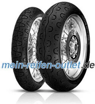 Two motorcycle tires shown from a slight angle, with one tire in front of the other.