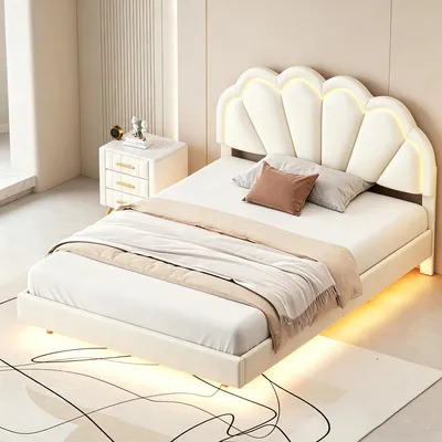 Obrázok produktu pre INONEFT Čalúnená posteľ, rozmer 140x200 cm, s LED osvetlením, posteľ s pružinovou základňou, dvojlôžko s roštom, posteľ pre mládež s opierkou, materiál: zamat, farba: béžová