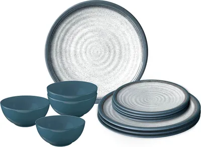Produktbild von Kamperologia | Geschirrset Tuscany - 12tlg - Stone Touch - Melamin - Leicht und bruchsicher - Ideal für Camping