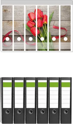 Produktbild von Wallario 6 Stück breite Ordner inkl. Klebeetiketten mit Motive Rote Tulpen auf einem alten Holztisch -  Set mit Rückenschildern / Ordnerrücken Stickern