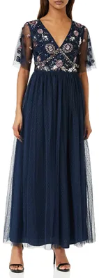 Produktbild von Maya Deluxe Damen Maxikleid, Damenkleid mit Verzierungen, Mesh-Stoff, A-Linien-Schnitt, V-Ausschnitt