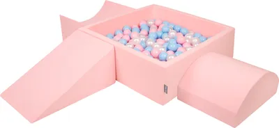 Produktbild von KiddyMoon spielplatz aus schaumstoff mit quadrat bällebad (200 bälle) ballgruben für babys spielbad hindernisläufen, hergestellt in der eu, pink:babyblue/puderrosa/perle