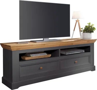 Produktbild von Lowboard "WZ-0133" aus Kiefer massiv in grau mit 2 Schubladen und 2 Fächern. Abmessungen (BxHxT) 169x63x42 cm