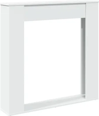 A white fireplace surround on a white background.