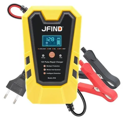 Produktbild von Intelligentes Auto-Batterieladegerät Jfind, 12V, 6A, 90W, Reparatur-Pulsfunktion, LCD-Display, für Auto, LKW, Motorrad, Gelb/Schwarz