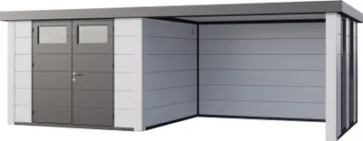 Produktbild von Telluria Metallgerätehaus Classico 3030 mit Lounge Anbau inkl. 2 Fenstern weiß/weiß Lounge-Anbau rechts