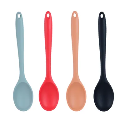 Produktbild von Stück Silikon-Rührlöffel mit Antihaftbeschichtung, hitzebeständige Silikon-Utensilienlöffel, Silikon-Hefter, Servierlöffel, Kochen, Backlöffel zum Mischen, Backen, Servieren, Rühren, Küche (Grün + Schwarz + Hellblau + Hellorange)