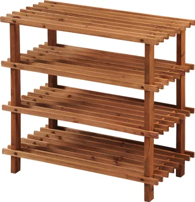 A wooden shoe rack with multiple shelves, shown against a white background.