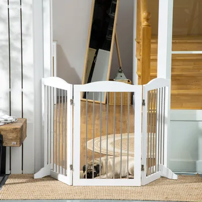 Produktbild von Absperrgitter Hund freistehend faltbar 3 Paneele, Hundegitter Schutzgitter, MDF Stahl, Weiß | 154 cm breit | 80 cm hoch | bis 20 kg