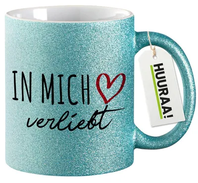 Produktbild von Huuraa Glitzertasse In mich verliebt 330ml Blau Keramik Kaffeebecher Geschenkidee
