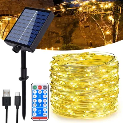 Solar-Lichterkette 30 m, 300 LEDs, Kupferdraht, IP65, 8 Modi, Fernbedienung