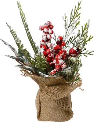 Produktbild von Weihnachtsgesteck künstlich mit Zweigen und Beeren 20cm im Jutesack