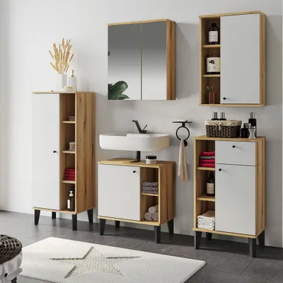 Produktbild von Badmöbel-Set 5-teilig mit Waschbeckenunterschrank 60 cm, Spiegelschrank, in Eiche mit weiß OLEAN-61