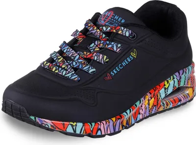 A black Skechers sneaker with colorful accents on the laces and sole.