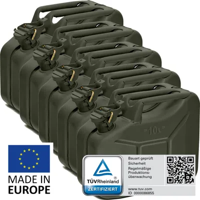 Produktbild von BW® Kraftstoffkanister Metall Benzinkanister 5x 10 Liter - Bronzegrün RAL 6031-F9 - UN-Zulassung - Hergestellt in Europa