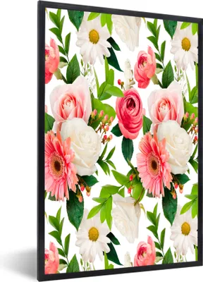 Produktbild von MuchoWow® MuchoWow® Gerahmtes Poster Blumen - Muster - Rosen 40x60 cm - Poster mit zchwarzem Bilderrahmen - Papierdruck - Wandbilder
