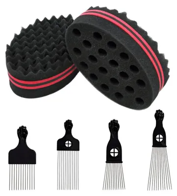 Produktbild von 6-teiliges Afro-Kamm-Set mit Metallkamm und Schwamm