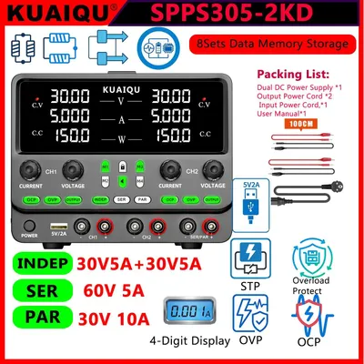 Obrázek produktu pro Programovatelný laboratorní přístroj – SPPS305-2KD – Dvojité DC napájecí zdroje – 0–30V, 0–5A, nastavitelné – Sériové/paralelní zapojení – Rozhraní RS232, RS485, USB