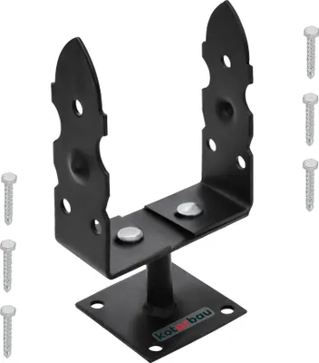 A black metal U-shaped post bracket with a square base and screws on a white background.