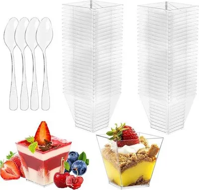 Productafbeelding van Glazen dessertkommen met lepels - 50 stuks - geschikt voor ijs, pudding en meer