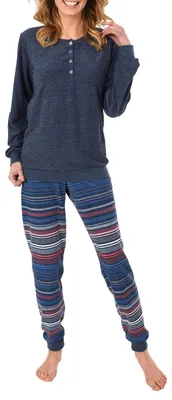 Produktbild von Damen Frottee Pyjama mit Bündchen & Knopfleiste am Hals, auch in Übergrößen bis 60/62! - 281 201 93 236 ; blaumelange , 60