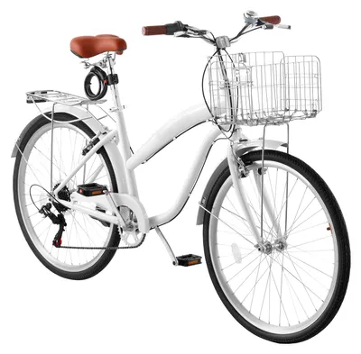 Immagine prodotto di Bicicletta da città da donna SucceBuy, modello cruiser da 26 pollici, con 7 velocità, colore bianco, ideale per il pendolarismo, per fare la spesa e per gite al mare. Dotata di freni a V, portapacchi da 50 kg, parafanghi e kit di attrezzi
