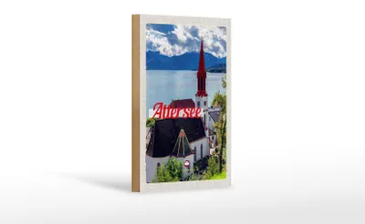 Produktbild von Holzschild Reise 12x18 cm Attersee Österreich Kirche Berge See