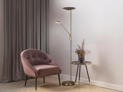 Produktbild von LED Deckenfluter mit Leselampe in Altmessing schwenkbar & dimmbar hinter Sofa