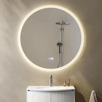 Zdjęcie produktu dla Lustro do łazienki z oświetleniem LED | Okrągłe lustro do łazienki bez ramki, z możliwością regulacji jasności, funkcją zapobiegającą parowaniu, 3 tryby oświetlenia, średnica 80 cm, energooszczędny montaż na ścianie, idealne do nowoczesnych łazienek