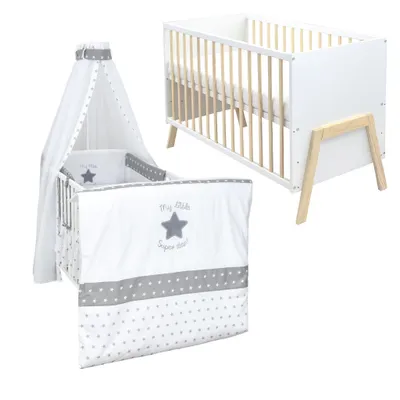 Produktbild von Babybett Kinderbett Gitterbett Juna 60x120 Weiß Schutzgitter Matratze Bettwäsche Set 10tlg Super Star