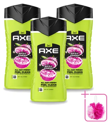 Image de 3 flacons de gel douche 3-en-1 Axe Epic Fresh, parfum pamplemousse et ananas, 250 ml chacun, pack économique de 3 pièces