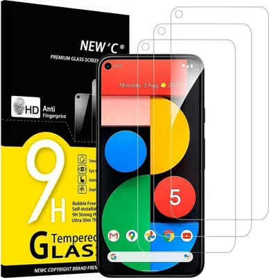 A product shot of screen protectors for a Google Pixel phone, with the phone and packaging shown.