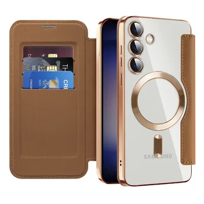 A brown flip case with card slots is shown next to a clear phone case with a gold accent ring and camera protection.