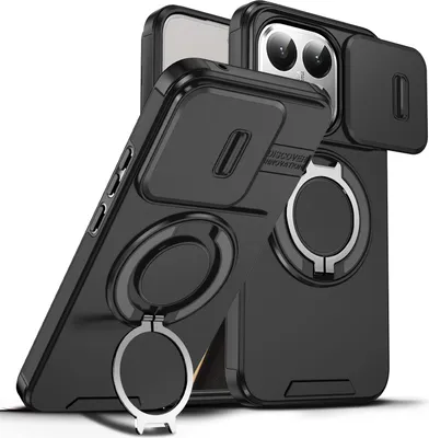 Image de Etui double couche pour Xiaomi 15T, avec couvercle coulissant pour l'appareil photo et anneau magnétique Noir
