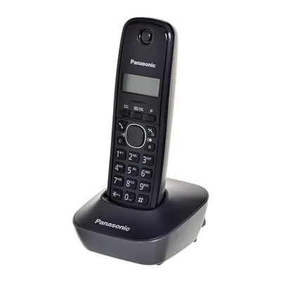 A black Panasonic cordless phone is shown in its charging base against a white background.