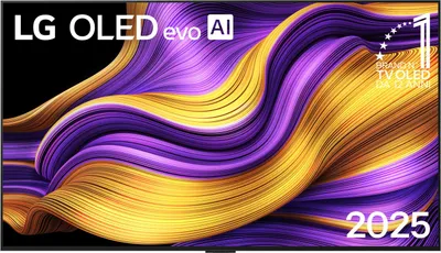 A marketing image for an LG OLED evo AI TV, featuring a colorful abstract background and product branding.