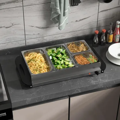 Imagen del producto de Sweiko, calentador de buffet 2 en 1, 6,8 litros, placa de calentamiento de 300 vatios, acero inoxidable, calentador de alimentos, color plateado