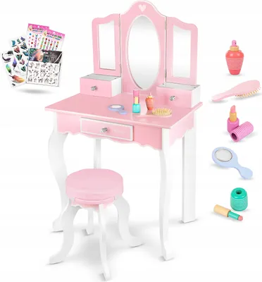 Obrázek produktu pro Kinderplay dřevěný toaletní stolek s nálepkami a tetováním, růžový