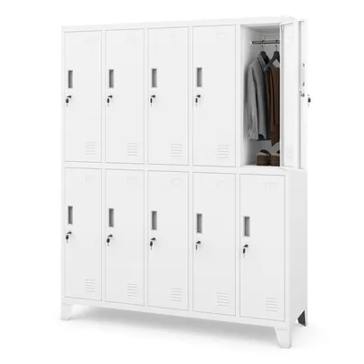 A white metal locker with 10 compartments, one of which is open showing clothes and shoes inside.