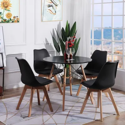 Obrázok produktu pre Jedálenská zostava pre 4 osoby, pozostávajúca zo stola a 4 stoličiek, čierna, materiál: MDF/masívne drevo, rozmer stola: 80 x 75 cm