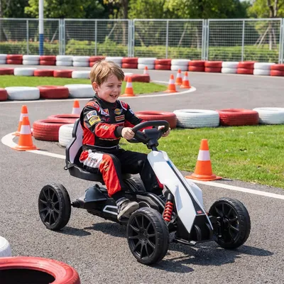 Produktbild von Kinder Elektro-Gokart mit Sicherheitsgurt, Go-Kart elektrisch Vor- & Rückwärtsgang, EVA-Räder, Weiß | 100x58x58,5 cm | 3–5 km/h | Kunststoff+Metall