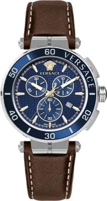 Zdjęcie produktu dla Versace VE3L00122 Greca Chrono srebrny niebieski brązowy skórzany pasek zegarek męski NOWOŚĆ