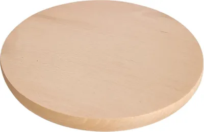 A round wooden cutting board is shown against a white background.