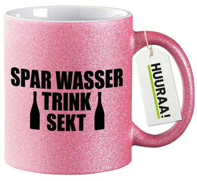 Produktbild von Huuraa Glitzertasse Spar Wasser Trink Sekt Sektflasche 330ml Pink Keramik Kaffeebecher Geschenkidee