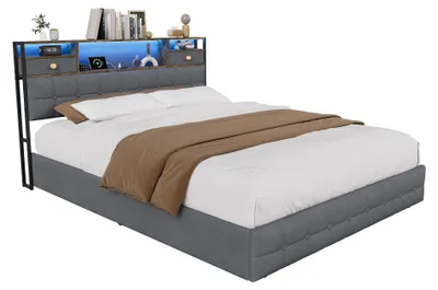 Obrázek produktu pro Čalouněná postel s úložným prostorem – rošt 140 × 200 cm – LED osvětlení – USB a Type-C nabíjecí port – 2 zásuvky – čalouněné čelo – šedá